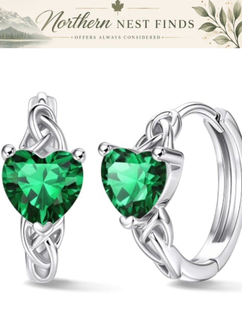 Sterling Silver Celtic Knot Hoop Earrings Created Emerald Birthstone Huggie